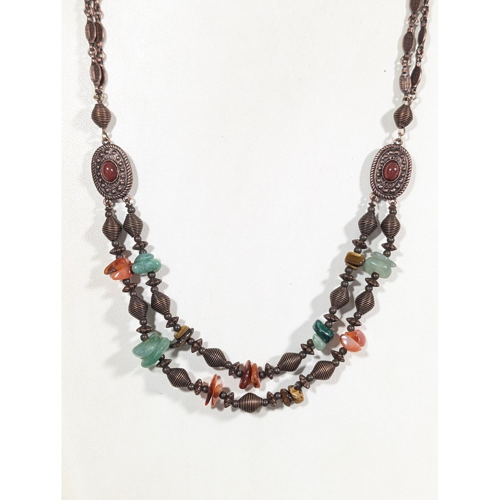 Boho Southwestern Copper‎ Tone Necklace Green Agate Chip Double Chain 27"